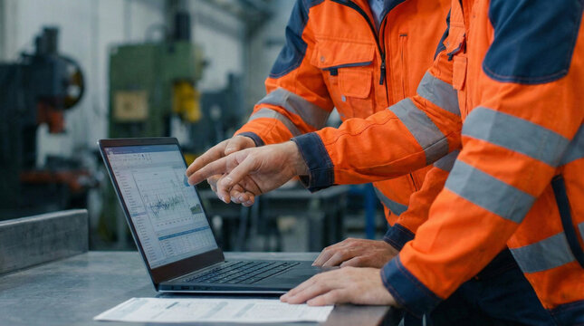 Close up industrial engineer hands pointing at data graph on laptop screen discussing performance report in factory