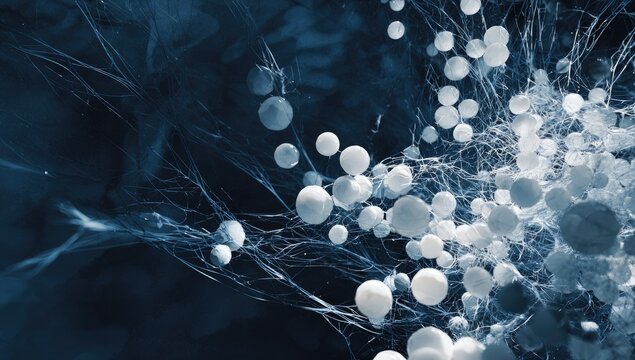 Abstract blue-toned image with floating spheres and intricate, web-like structures