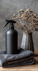 Still-life photo of a black spray bottle on a folded gray towel, with dried flowers