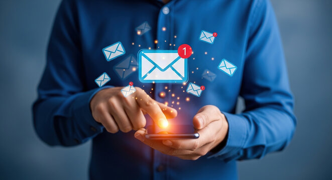 Professional man checking multiple email notifications on smartphone. Inbox overload, communication, and digital marketing