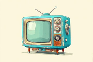 A vintage television in turquoise with a small screen and knobs, sitting on a pale yellow background