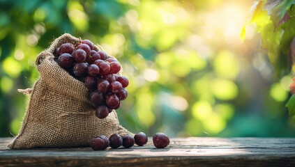 Close-up of ripe red grapes spilling from a burlap sack, on wooden surface, against bokeh backdrop