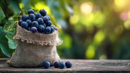 Freshly harvested dark berries spill from a burlap sack on a rustic wooden surface