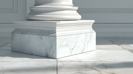 Metallic Pillar Supports Large White Marble Block in Minimalist Architecture With a Grey Backdrop Showcasing Modern Design Elements