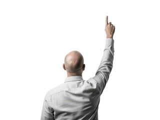 Businessman pointing upwards with his finger in a professional office setting isolated on transparent background