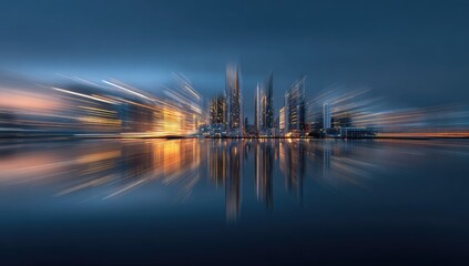 Nighttime cityscape with blurred light streaks reflecting in calm water