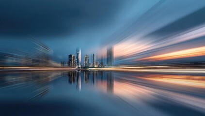 Abstract cityscape with motion blur, reflections in water, and vibrant sunset colors