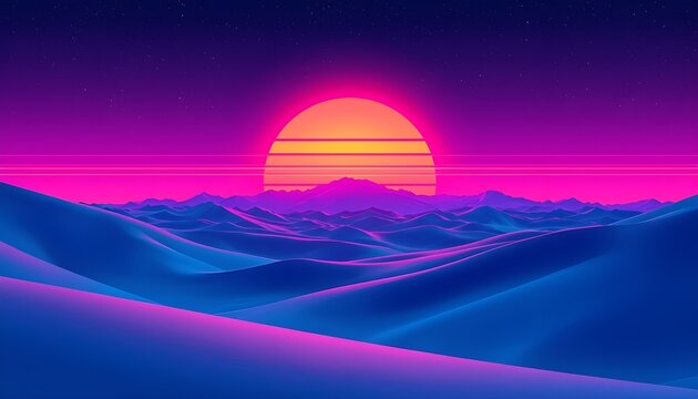 Retrowave sunset over neon desert dunes under starry purple sky, synthwave landscape aesthetic