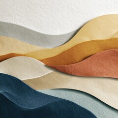 Abstract layered landscape with textured paper, warm and cool tones, flowing forms