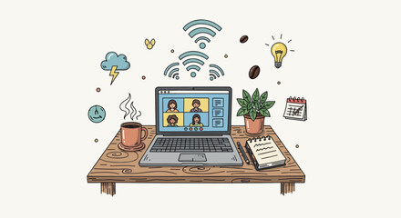 Vector illustration of remote work setup with laptop, coffee cup, plant, and online meeting on screen, for website or presentation background