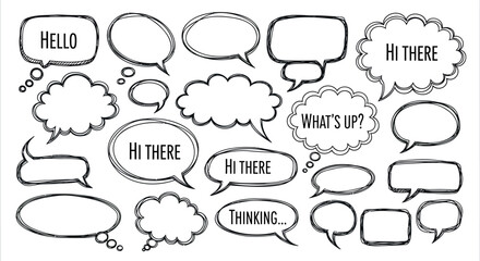 Vector speech bubbles and thought clouds for chat or dialogue, comic book style, isolated on transparent background, png
