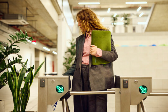 Woman checks in for work