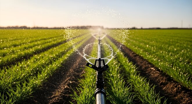 Modern Agriculture: Automatic water sprinkler system irrigating green farm fields, crop irrigation technology, sustainable farming, agricultural management, growth and food security concept