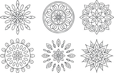 Set of six delicate mandala outline drawing collection, decorative element in oriental style for print and textile
