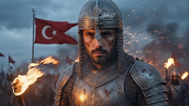 Ottoman Warrior Commander on Battlefield With Torch and Turkish Flags