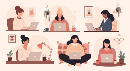 Women Working on Laptops in Various Poses.