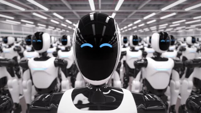 Close-up tracking shot along rows of advanced humanoid robots standing in an industrial warehouse. Future of industrial automation, machine learning and AI robotics. 3d animation rendering
