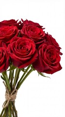 Obraz premium Bouquet of red roses tied with twine on white background - Concept of Mother's Day 