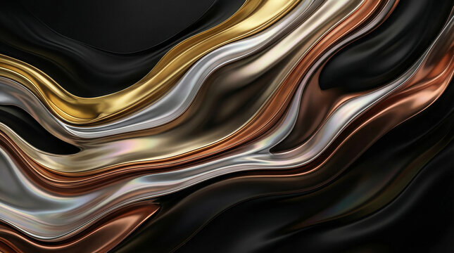 Abstract composition of flowing metallic ribbons in gold, silver, bronze and copper tones with curves, evoking luxury and sophistication for premium design versatility
