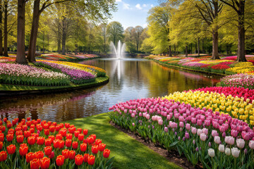 Obraz premium Keukenhof park of flowers and tulips in the Netherlands. Beautiful outdoor scenery in Holland