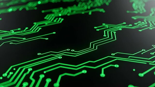 Futuristic green circuit pattern on a dark background.
