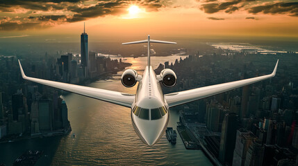 Fototapeta premium Sleek private jet soaring over a cityscape during a golden sunset.