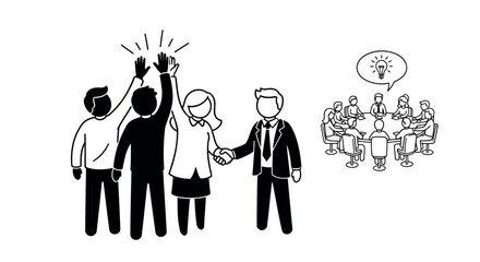 Vector illustration of business team celebrating success or brainstorming ideas for presentation or marketing, isolated on transparent background, png