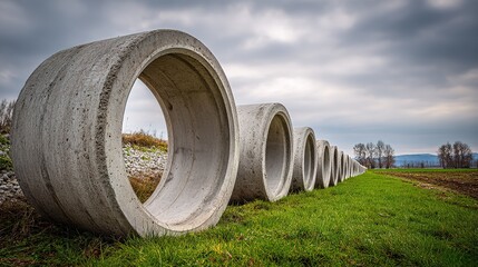 Obraz premium Concrete pipes lay in a row on green grass beside a dirt path in an open field during daytime with cloudy sky