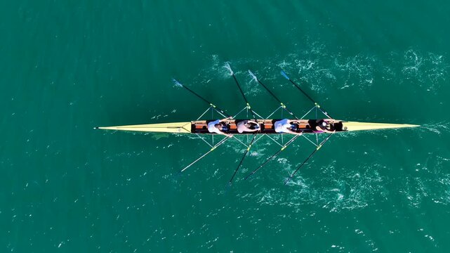 Aerial drone cinematic tracking video of team of athletes synchronous rowing in sport canoe in emerald calm lake