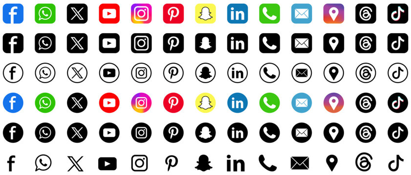 Facebook, Instagram, YouTube, X (Twitter), WhatsApp, LinkedIn, TikTok and other social media platform logos shown as icons for informational and reference purposes. vector, icons