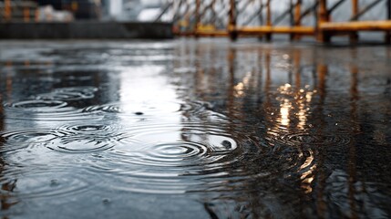 Raindrops create ripples in puddles on a city street during a rainy day in the late afternoon