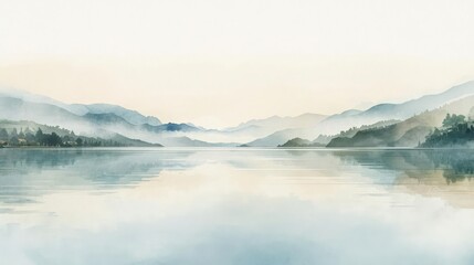 Fototapeta premium Serene watercolor landscape with misty mountains and calm lake.