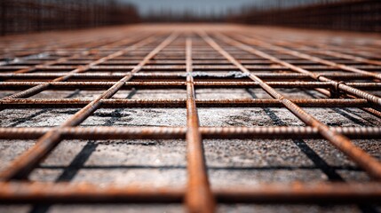 Construction site shows grid of rusty steel bars laid out on concrete during daytime near the city