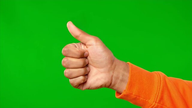 Hand Showing Thumbs Up Gesture in Orange Sleeve on Green Screen