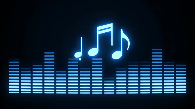 Glowing blue music notes above sound wave equalizer on dark background