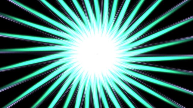 A radiant burst of light with vibrant blue and green rays emanating from a central point
