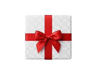 A beautifully wrapped gift box with a red ribbon tied in a bow on a transparent background