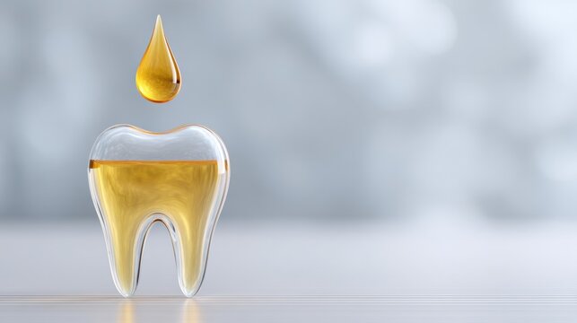 PRF Healing Membrane Shown as Golden Droplet Above Tooth Socket Symbol in Bright Clear Setting