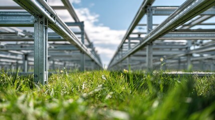 Fototapeta premium Views of metal frames set in a field with grass under a blue sky during a bright day in an outdoor growing area
