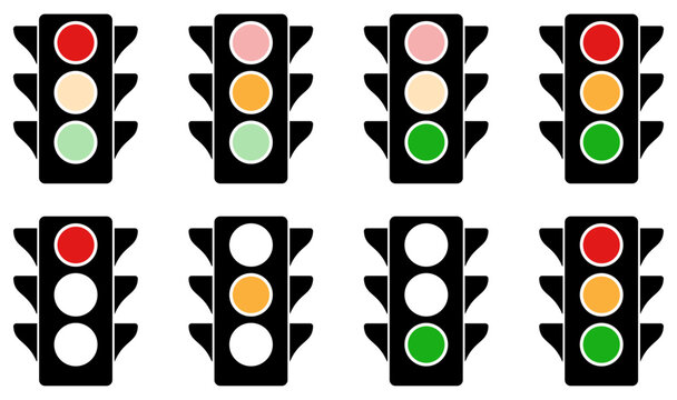 Traffic light signal icon set displaying different stoplight states for road control and urban transportation systems. Suitable for traffic rules, navigation apps, road safety signs, and transport int