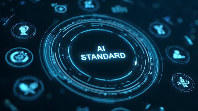 Close-up of AI standard technology interface with glowing icons and digital screen.