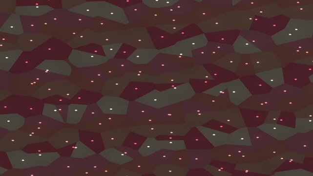 A mosaic of geometric shapes in muted tones sprinkled with white and pink dots