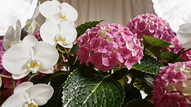 Pink and White Orchids and Hydrangeas in Decorative Pots Studio Lighting