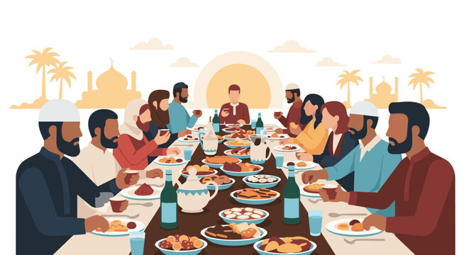 Family Berbuka Puasa Iftar Eid Mubarak Ramadhan Flat Minimalist Vector Illustration