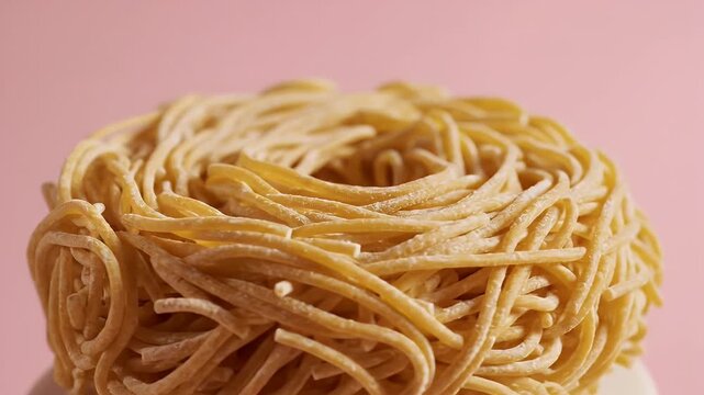Uncooked Yellow Pasta Nest With A Pink Background And Soft Lighting