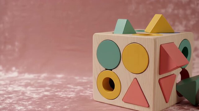 Wooden Shape Sorter Cube Toy With Pastel Geometric Blocks On A Soft Pink Velvet Background Close Up Studio Shot