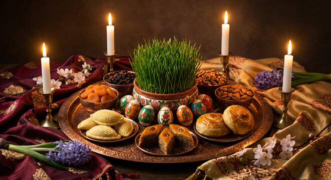 Traditional Novruz holiday tray with semeni, shekerbura, paxlava, and dyed eggs. Azerbaijani spring festival celebration with candles and sweets on copper plate.