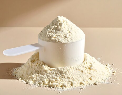A scoop of protein powder on a beige background with a pile of powder