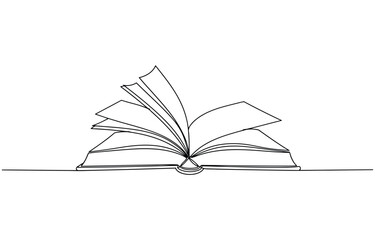 Continuous one line drawing of open book with flying pages for education reading concept. Education in school and library studying in simple linear style