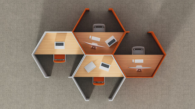 Hexagon shaped office workspace design with individual cubicles